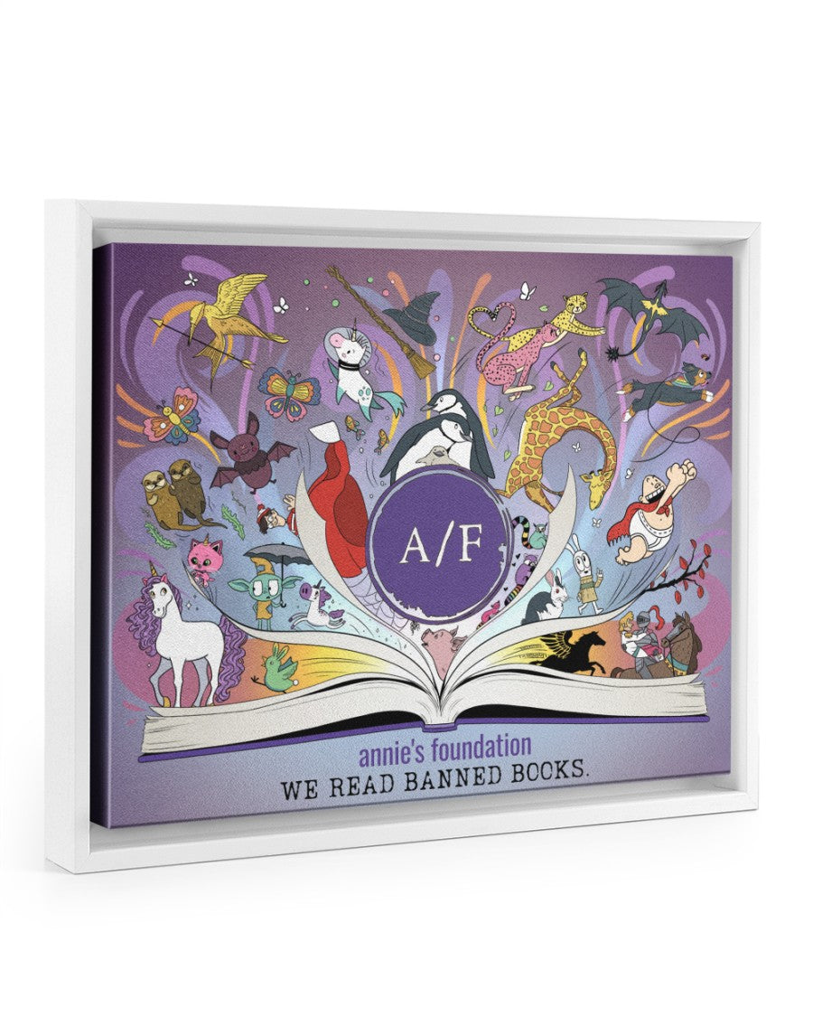 10" x 8" white frame 10x8 canvas print of Annie’s Foundation banned books artwork, set in a modern white floating frame. Ready to hang with enclosed back and hardware.