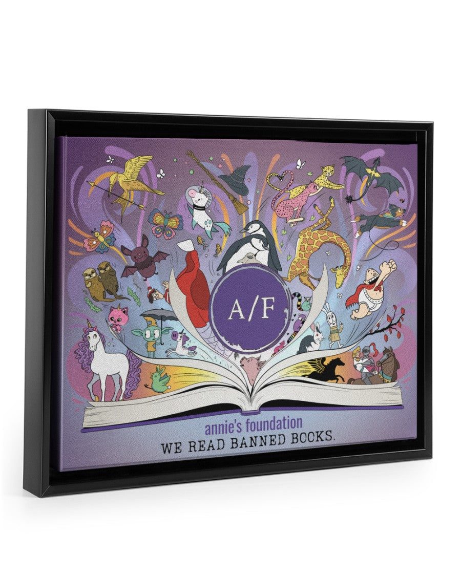 0x8 canvas print of Annie’s Foundation banned books artwork, set in a bold black floating frame. Rich, vibrant print on premium canvas with hanging hardware