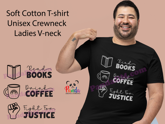 Books, Coffee, & Justice T-shirt