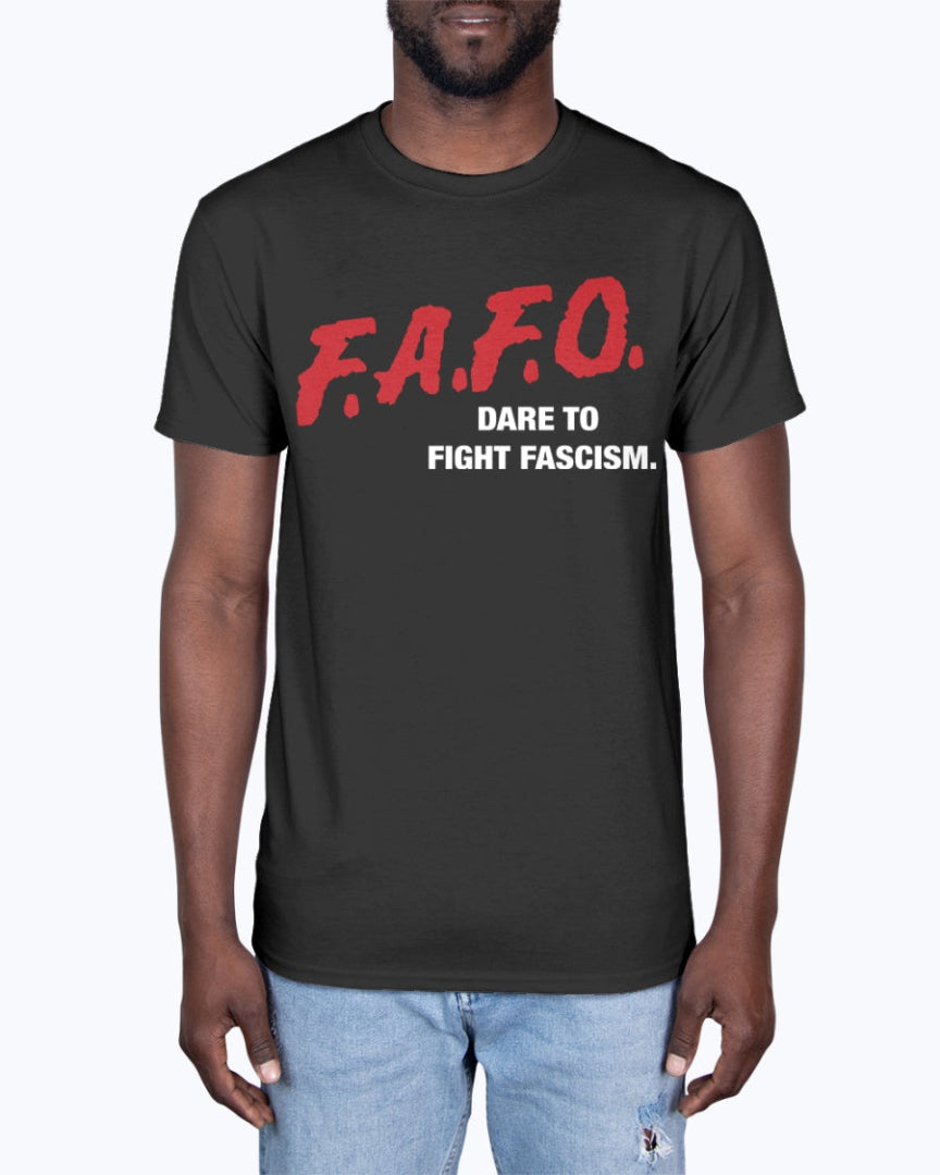 black man wearing a F.A.F.O Dare to Fight Fascim parody shirt in black