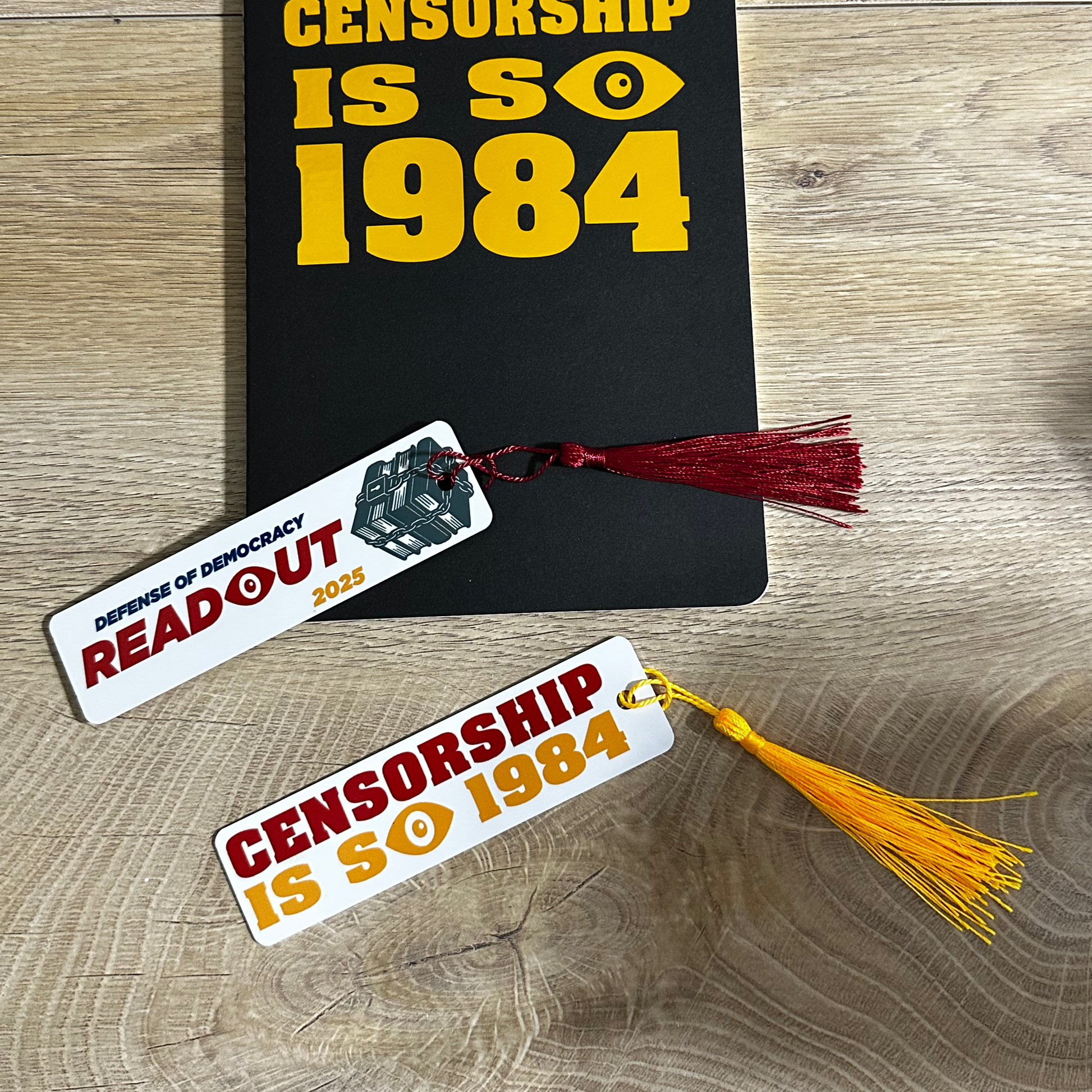 photo showing front and back of the 2025 Readout Bookmark - Censorship is So 1984