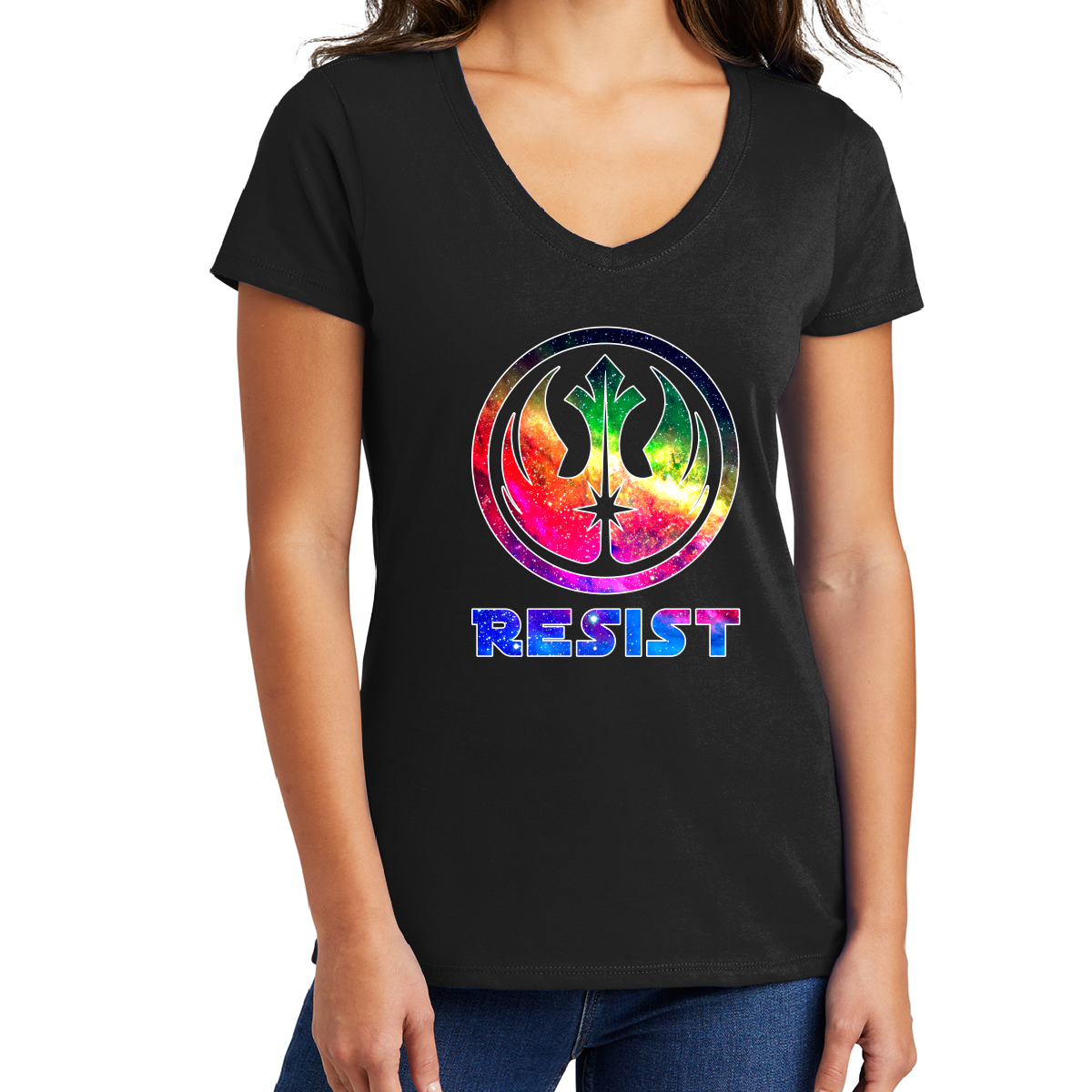 Rainbow Galaxy Resist T-Shirt - Ladies V-Neck