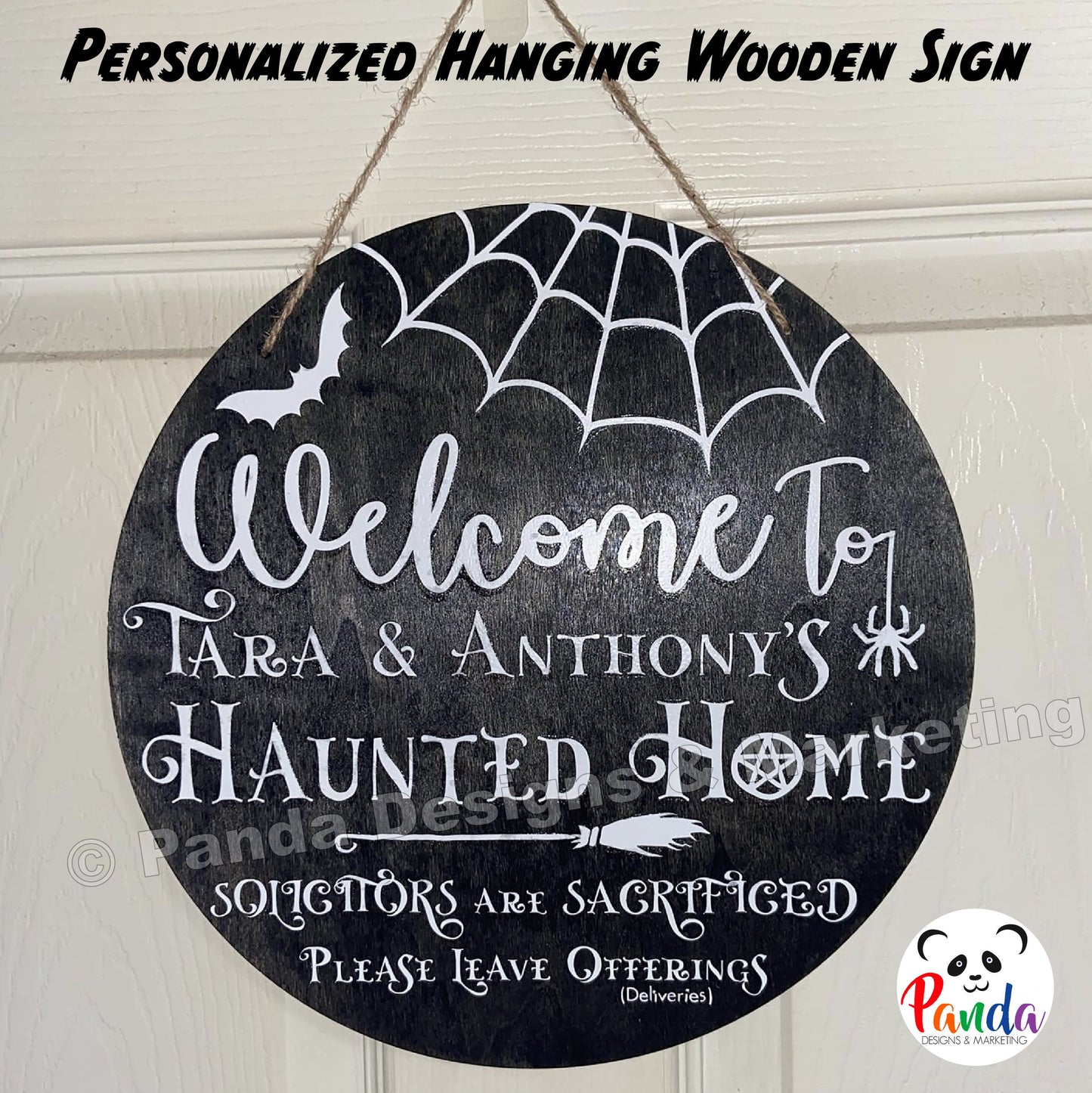Welcome to Our Family's Haunted Home. Personalized wood hanging halloween sign. No soliciting. Spooky spider web bat broom