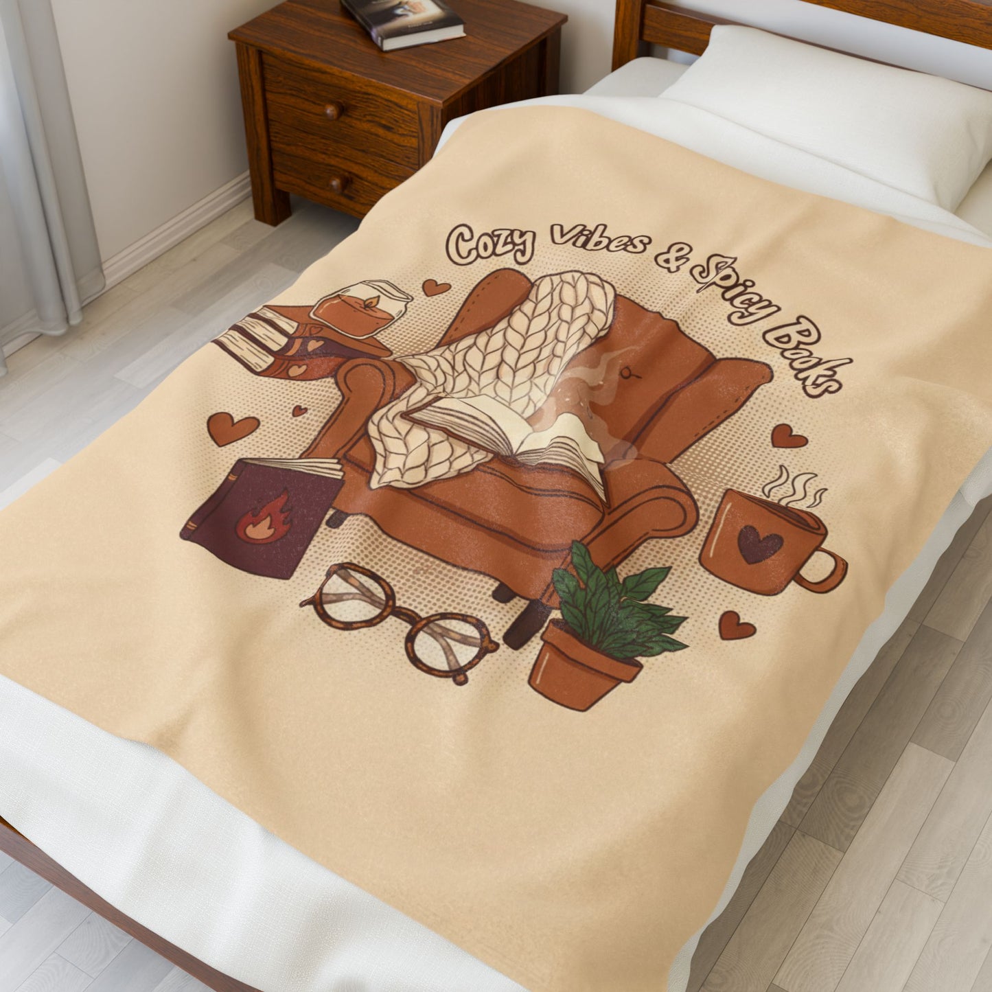 Cozy Vibes & Spicy Books Velveteen Plush Blanket — Book Lover Reading Nook Throw