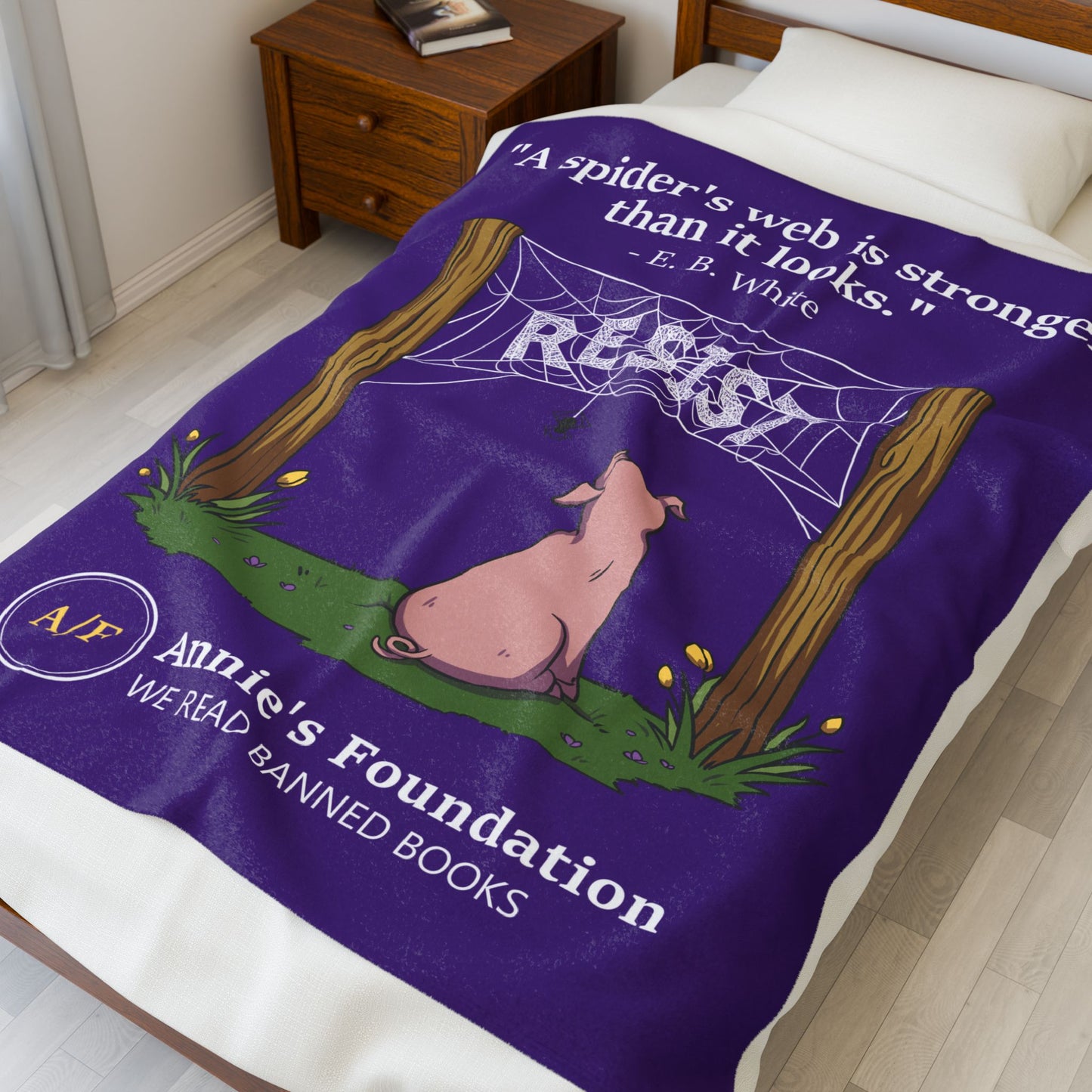 Velveteen Blanket — "A Spider's Web is Stronger Than it Looks" Resist Pig Design (Annie's Foundation)