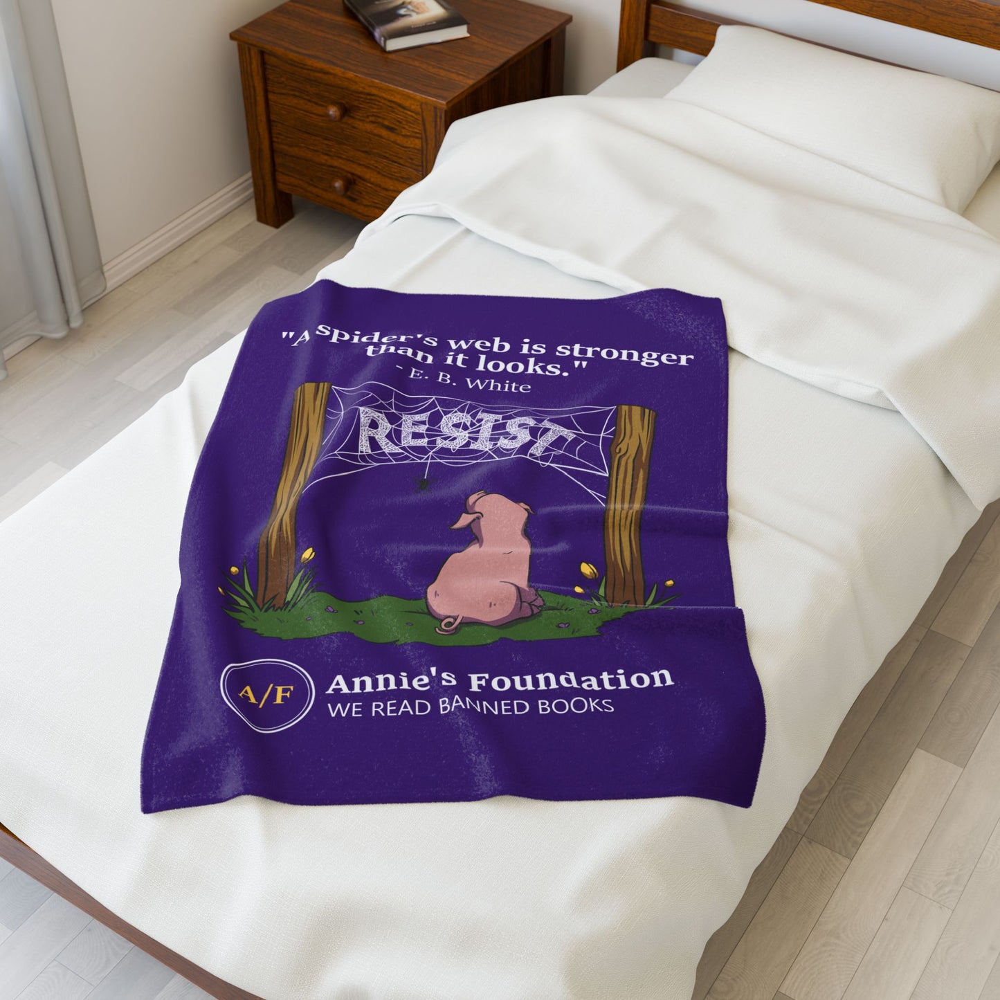 Velveteen Blanket — "A Spider's Web is Stronger Than it Looks" Resist Pig Design (Annie's Foundation)