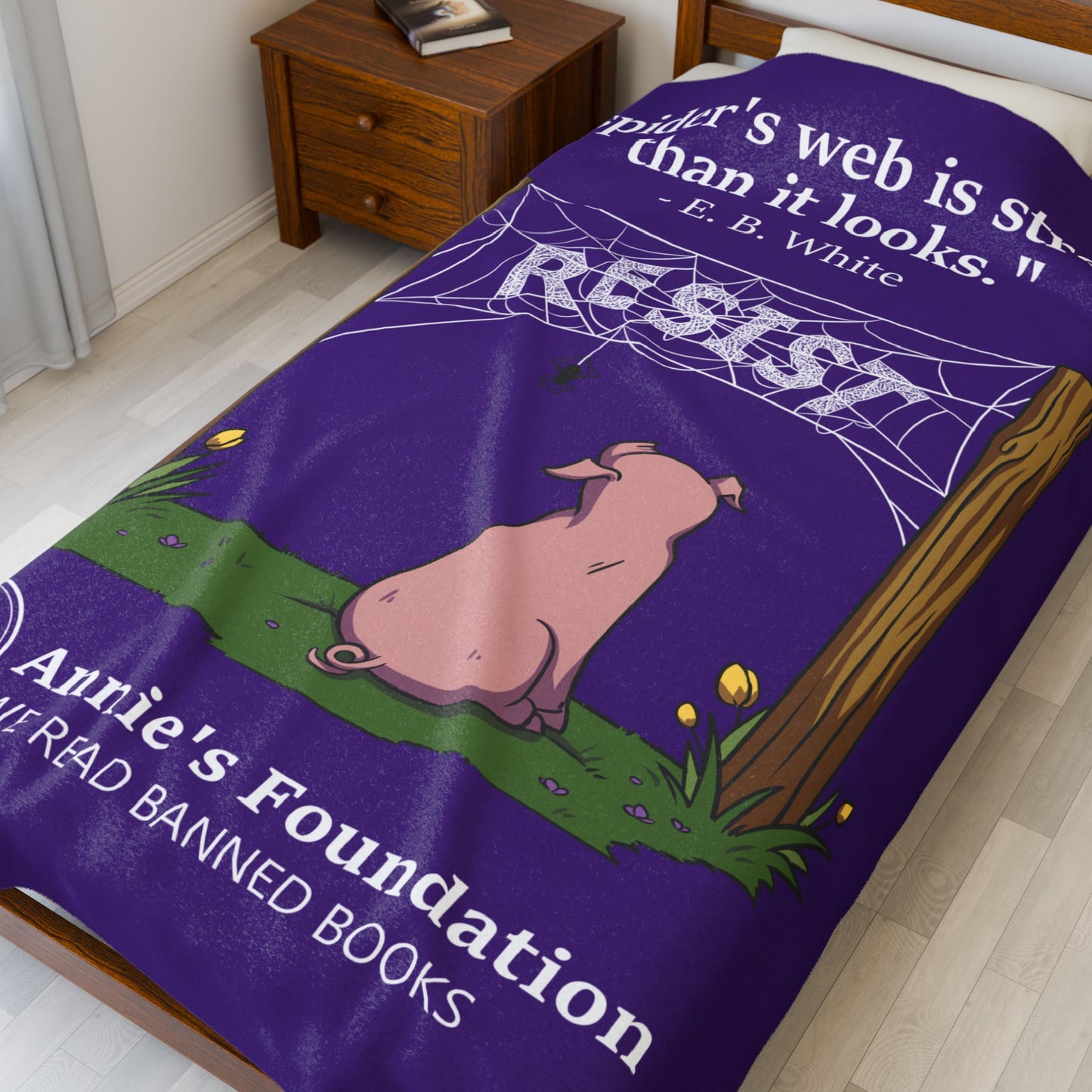 Velveteen Blanket — "A Spider's Web is Stronger Than it Looks" Resist Pig Design (Annie's Foundation)