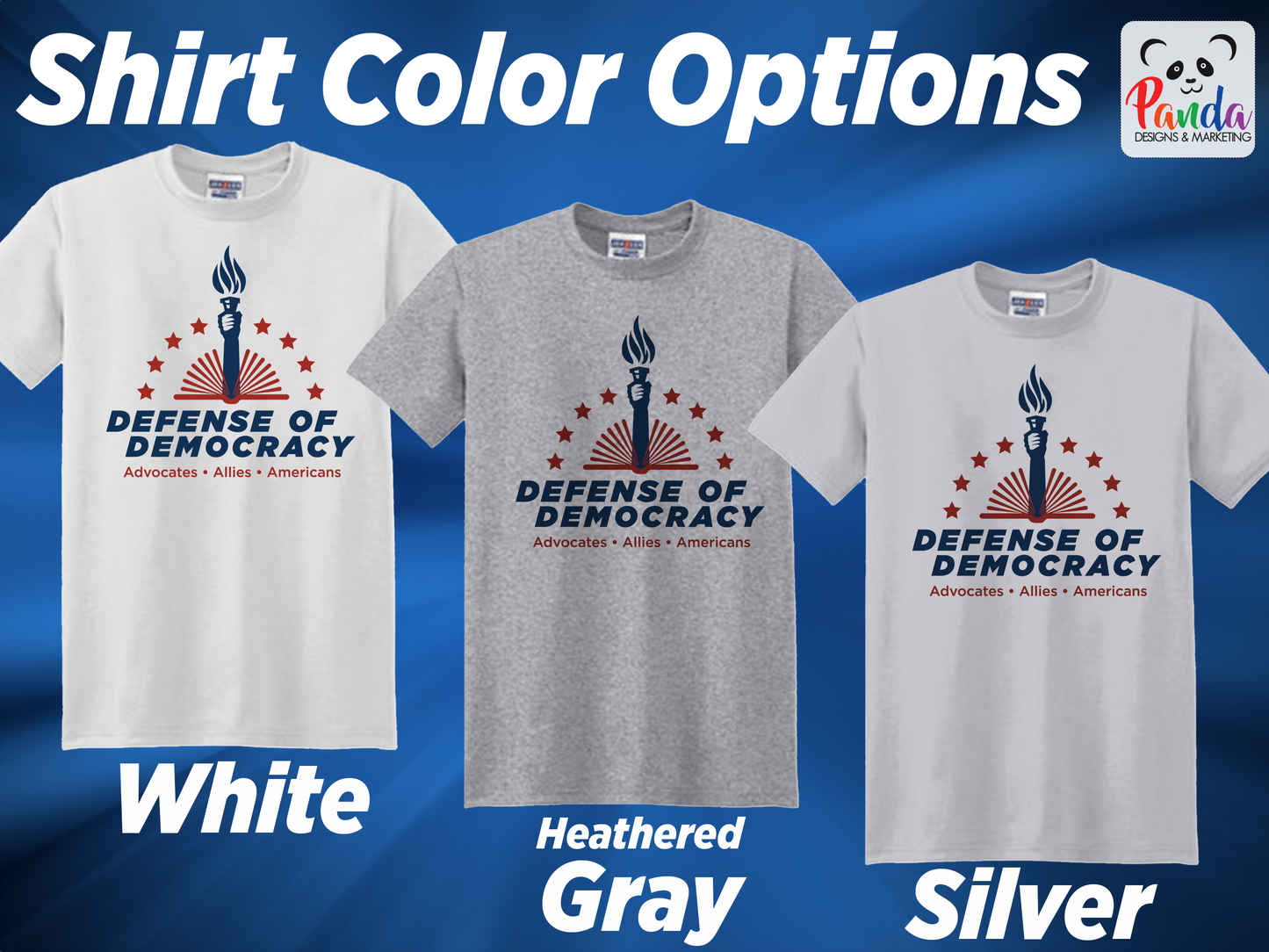 Photo showing the 3 color options for sublimated t-shirts and long sleeve t-shirts.  White, Heather Gray and Silver. Note: silver is a very light gray that has an almost beige undertone to it.  It is the perfect balance in between white and the weathered gray.