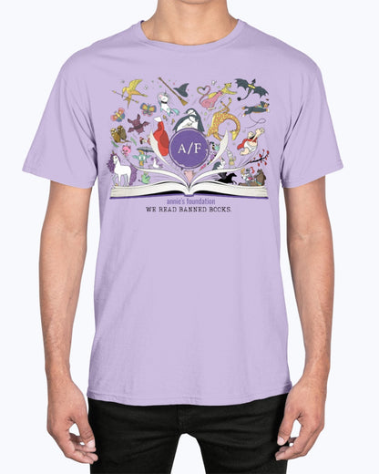 Annie’s Foundation ‘We Read Banned Books’ design on orchid t-shirt; whimsical art inspired by beloved banned books.