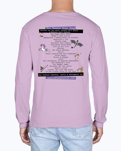 Back Imprint (Optional) Annie’s Foundation ‘We Read Banned Books’ design on orchid t-shirt; whimsical art inspired by beloved banned books.