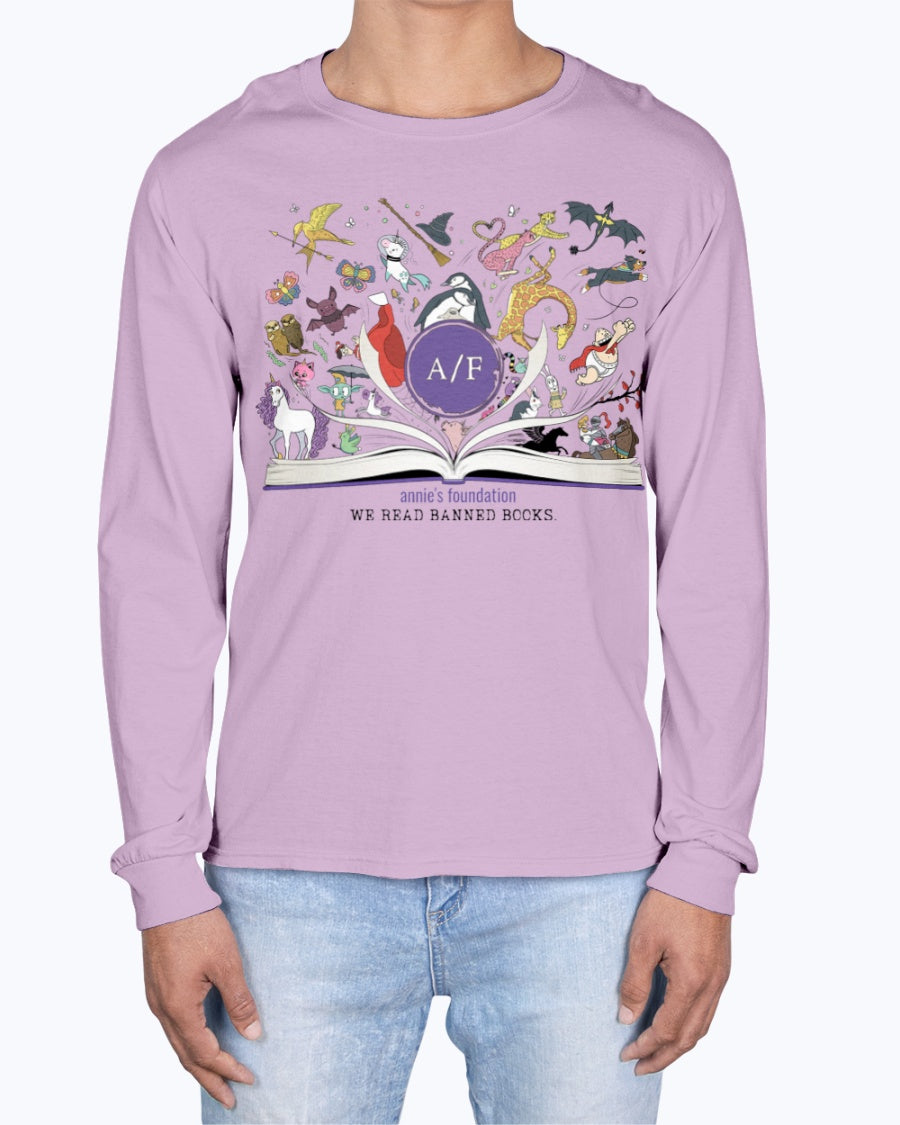 Annie’s Foundation ‘We Read Banned Books’ design on orchid Comfort Colors Long Sleeve T-shirt; whimsical art inspired by beloved banned books.