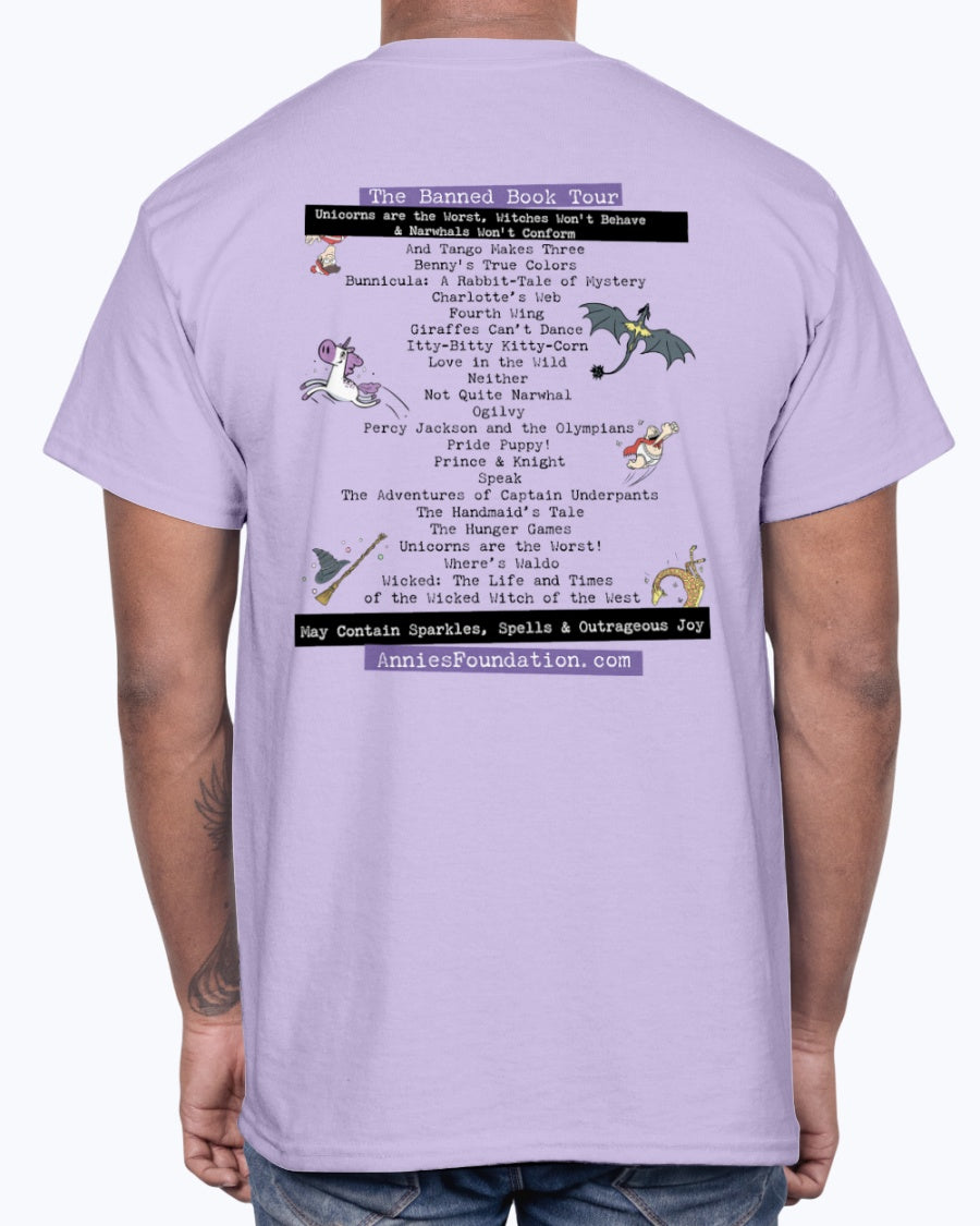 Back of Annie’s Foundation ‘We Read Banned Books’ design on orchid t-shirt; whimsical art inspired by beloved banned books.