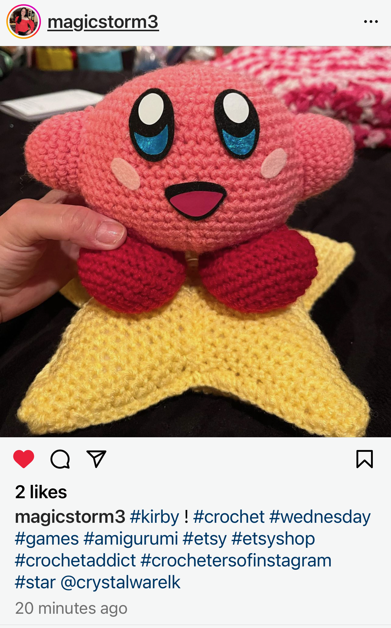 Photo of customer's instagram post showing crocheted Kirby doll using the Kirby Felt Face that we offer including eyes, mouth and cheeks