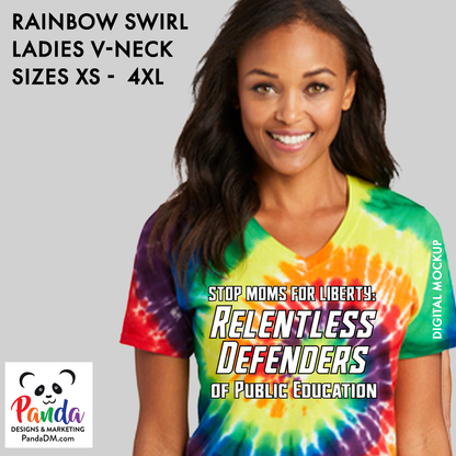 Ladies V-Neck Rainbow Swirl Relentless Defenders Tie Dyed T-shirts (SMFL)