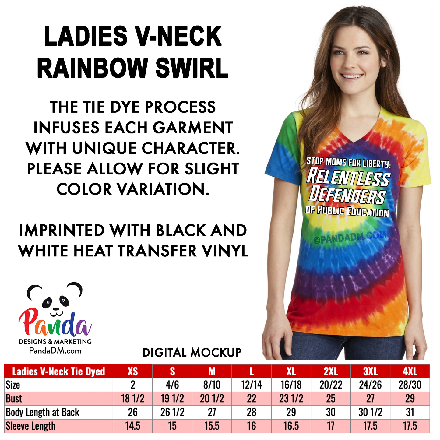 Ladies V-Neck Rainbow Swirl Relentless Defenders Tie Dyed T-shirts (SMFL)