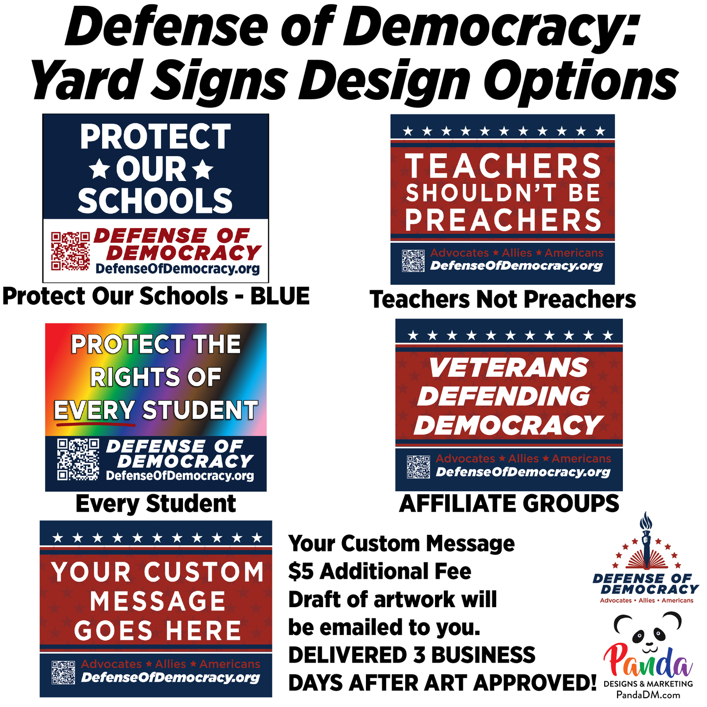 Yard Sign - Multiple Designs or Create Your Own! Defense of Democracy