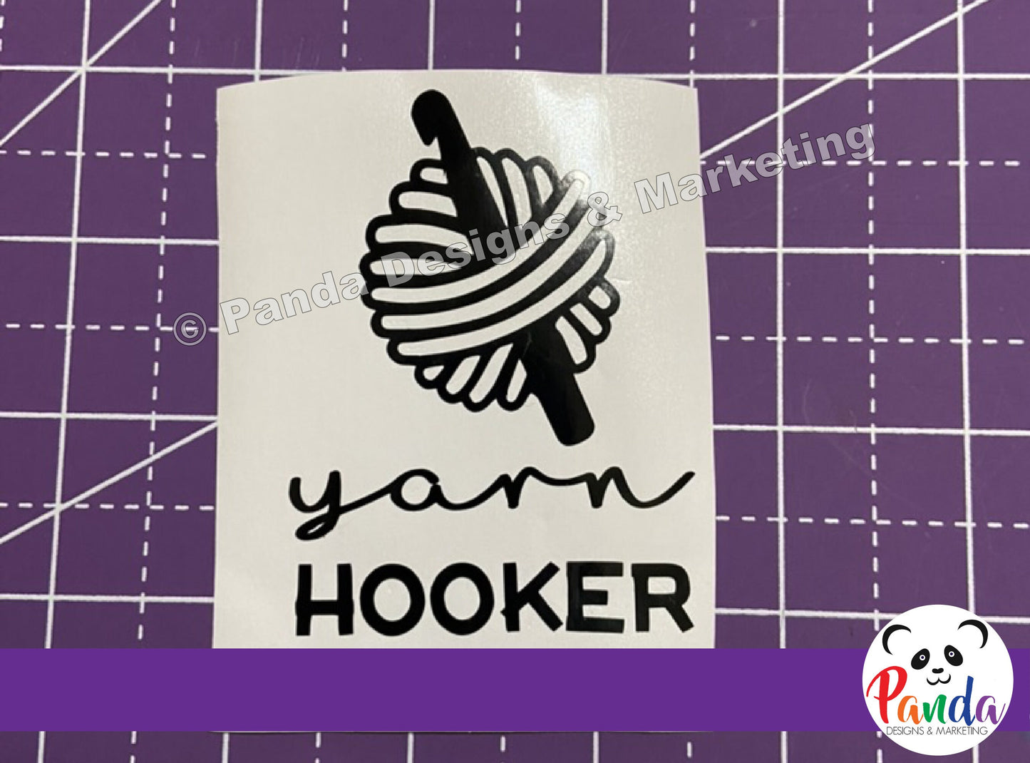 Yarn Hooker vinyl decal sticker. vertical layout. Funny die-cut laptop sticker for wool and crochet lovers.