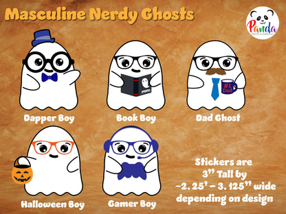 Nerdy Ghost Vinyl Stickers! 10 designs. Water resistant, cute halloween ghosts with glasses, dapper, book lover, decal, gamer, mom and dad.