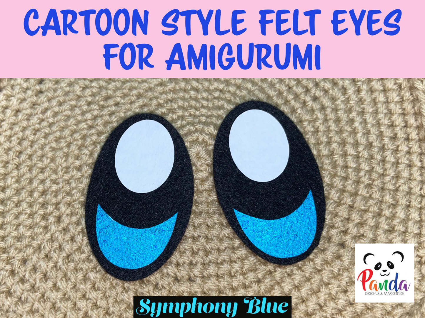 photo showing felt Kirby style eyes.  Black oval eyes with white ovals at top and a sparkly light blue at the bottom